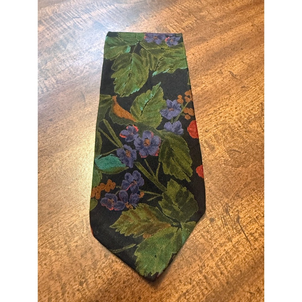 417 by Van Heusen Mens Silk Tie Floral Botanical Jacquard Black Vintage